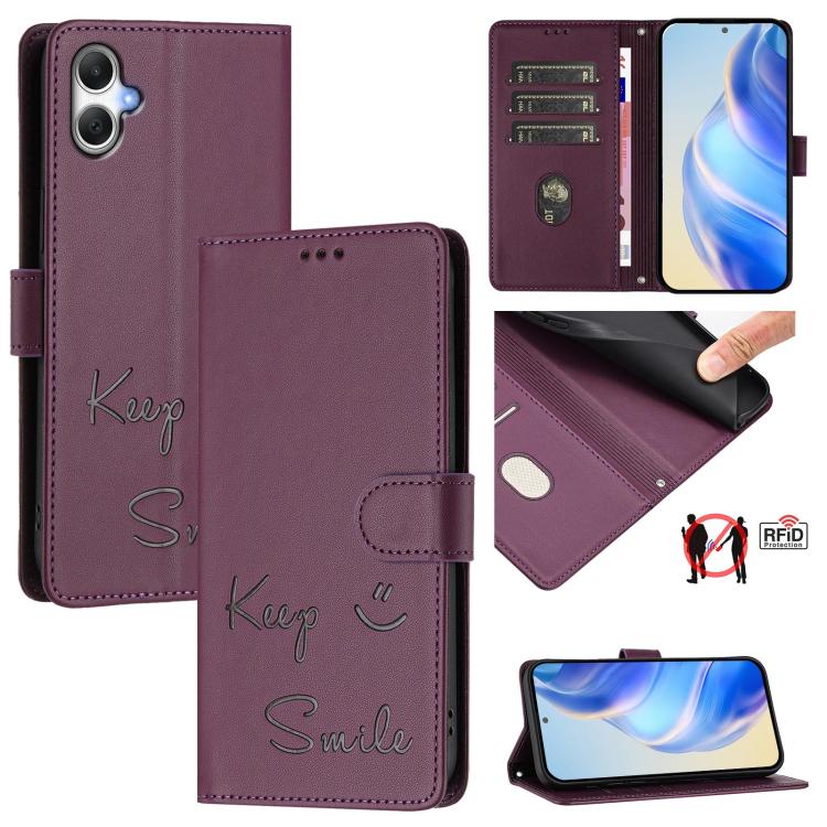 Smile Embossing RFID Leather Phone Case, For Galaxy A27 5G, For Samsung Galaxy A17 4G, For Samsung Galaxy A07 4G, For Samsung Galaxy A06 5G / 4G, For Samsung Galaxy A56 5G, For Samsung Galaxy A26 5G, For Samsung Galaxy A36 5G, For Samsung Galaxy A16 4G