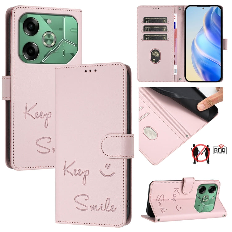 Smile Embossing RFID Leather Phone Case, For Tecno Pova 6 4G, For Tecno Pova 6 Pro / Pova 6 5G, For Tecno Camon 30 Pro 5G, For Tecno Camon 30 5G / 4G, For Tecno Spark 20 Pro+, For Tecno Spark 20 Pro, For Tecno Spark GO 2024 / Spark 20C, For Tecno Spark 20