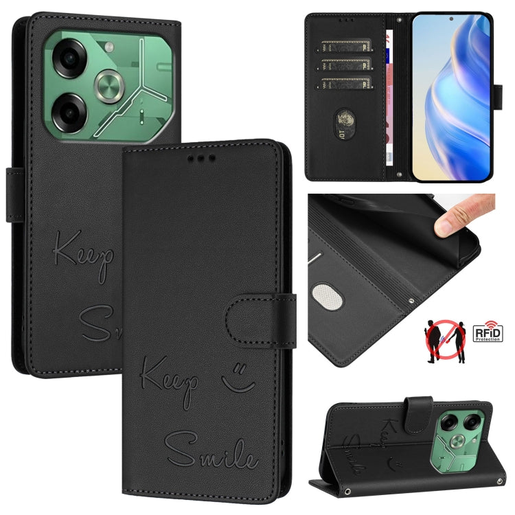 Smile Embossing RFID Leather Phone Case, For Tecno Pova 6 4G, For Tecno Pova 6 Pro / Pova 6 5G, For Tecno Camon 30 Pro 5G, For Tecno Camon 30 5G / 4G, For Tecno Spark 20 Pro+, For Tecno Spark 20 Pro, For Tecno Spark GO 2024 / Spark 20C, For Tecno Spark 20