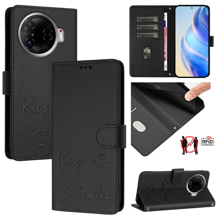Smile Embossing RFID Leather Phone Case, For Tecno Pova 6 4G, For Tecno Pova 6 Pro / Pova 6 5G, For Tecno Camon 30 Pro 5G, For Tecno Camon 30 5G / 4G, For Tecno Spark 20 Pro+, For Tecno Spark 20 Pro, For Tecno Spark GO 2024 / Spark 20C, For Tecno Spark 20