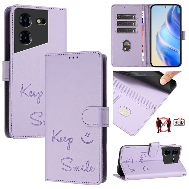 Smile Embossing RFID Leather Phone Case, For Tecno Pova 5 Pro 5G, For Tecno Pova Neo 3, For Tecno Pova 5 4G, For Tecno Camon 20 Premier 5G, For Tecno Camon 20 Pro 5G, For Tecno Camon 20 / 20 Pro 4G, For Tecno Pop 7 / Pop 7 Pro, For Tecno Spark Go 2023