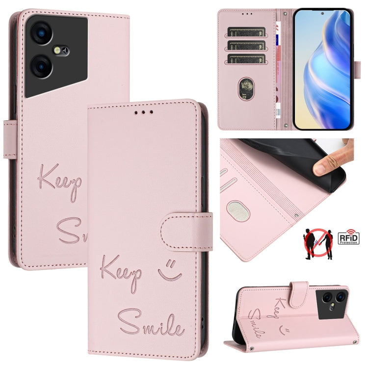 Smile Embossing RFID Leather Phone Case, For Tecno Pova 5 Pro 5G, For Tecno Pova Neo 3, For Tecno Pova 5 4G, For Tecno Camon 20 Premier 5G, For Tecno Camon 20 Pro 5G, For Tecno Camon 20 / 20 Pro 4G, For Tecno Pop 7 / Pop 7 Pro, For Tecno Spark Go 2023