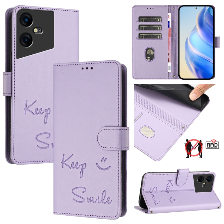 Smile Embossing RFID Leather Phone Case, For Tecno Pova 5 Pro 5G, For Tecno Pova Neo 3, For Tecno Pova 5 4G, For Tecno Camon 20 Premier 5G, For Tecno Camon 20 Pro 5G, For Tecno Camon 20 / 20 Pro 4G, For Tecno Pop 7 / Pop 7 Pro, For Tecno Spark Go 2023