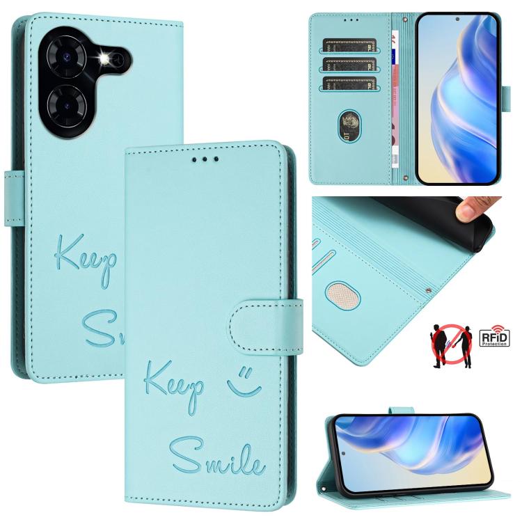 Smile Embossing RFID Leather Phone Case, For Tecno Pova 5 Pro 5G, For Tecno Pova Neo 3, For Tecno Pova 5 4G, For Tecno Camon 20 Premier 5G, For Tecno Camon 20 Pro 5G, For Tecno Camon 20 / 20 Pro 4G, For Tecno Pop 7 / Pop 7 Pro, For Tecno Spark Go 2023