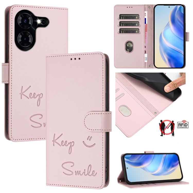 Smile Embossing RFID Leather Phone Case, For Tecno Pova 5 Pro 5G, For Tecno Pova Neo 3, For Tecno Pova 5 4G, For Tecno Camon 20 Premier 5G, For Tecno Camon 20 Pro 5G, For Tecno Camon 20 / 20 Pro 4G, For Tecno Pop 7 / Pop 7 Pro, For Tecno Spark Go 2023
