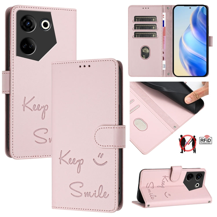 Smile Embossing RFID Leather Phone Case, For Tecno Pova 5 Pro 5G, For Tecno Pova Neo 3, For Tecno Pova 5 4G, For Tecno Camon 20 Premier 5G, For Tecno Camon 20 Pro 5G, For Tecno Camon 20 / 20 Pro 4G, For Tecno Pop 7 / Pop 7 Pro, For Tecno Spark Go 2023