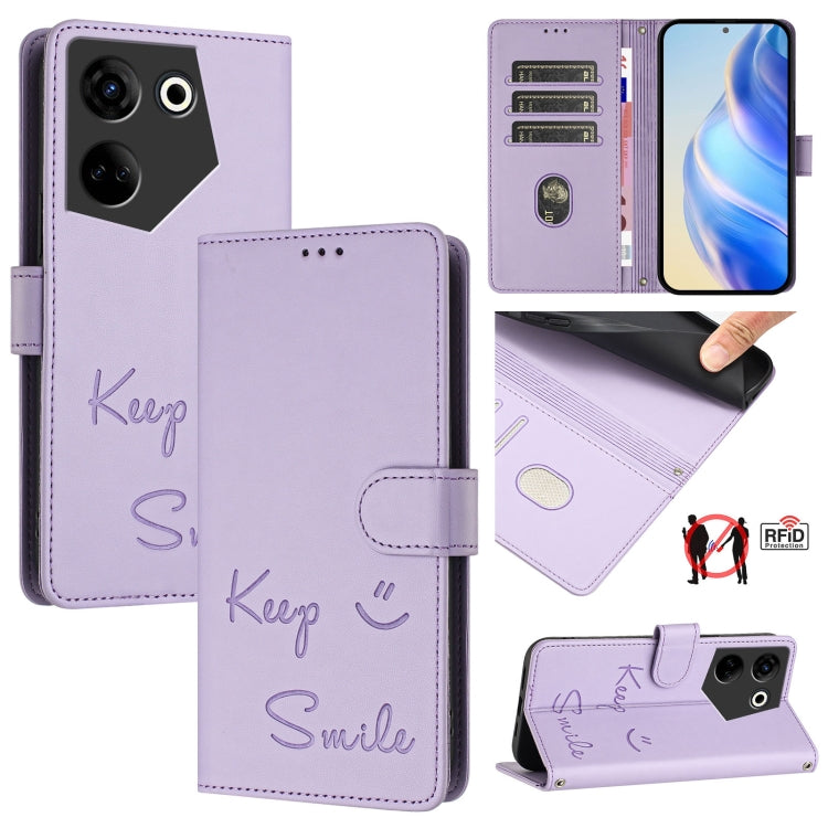 Smile Embossing RFID Leather Phone Case, For Tecno Pova 5 Pro 5G, For Tecno Pova Neo 3, For Tecno Pova 5 4G, For Tecno Camon 20 Premier 5G, For Tecno Camon 20 Pro 5G, For Tecno Camon 20 / 20 Pro 4G, For Tecno Pop 7 / Pop 7 Pro, For Tecno Spark Go 2023