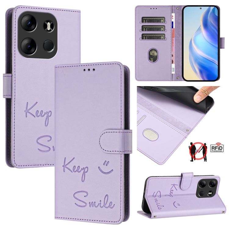 Smile Embossing RFID Leather Phone Case, For Tecno Pova 5 Pro 5G, For Tecno Pova Neo 3, For Tecno Pova 5 4G, For Tecno Camon 20 Premier 5G, For Tecno Camon 20 Pro 5G, For Tecno Camon 20 / 20 Pro 4G, For Tecno Pop 7 / Pop 7 Pro, For Tecno Spark Go 2023