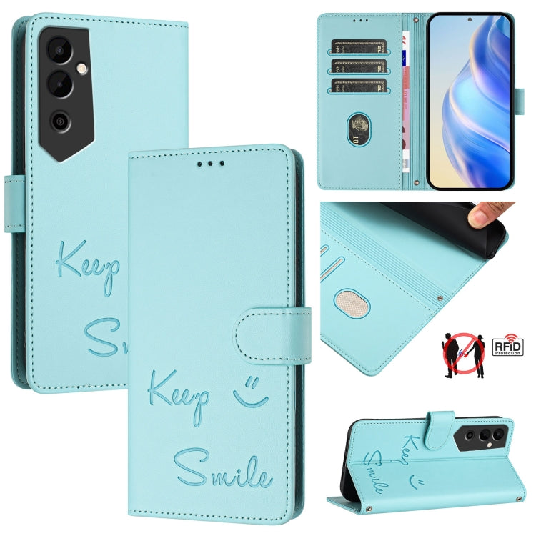 Smile Embossing RFID Leather Phone Case, For Tecno Spark 10 5G, For Tecno Spark 10C, For Tecno Spark 10 4G, For Tecno Spark 10 Pro, For Tecno Camon 19 Pro 5G, For Tecno Pova 4 Pro, For Tecno Pova 4, For Tecno Pova Neo 2