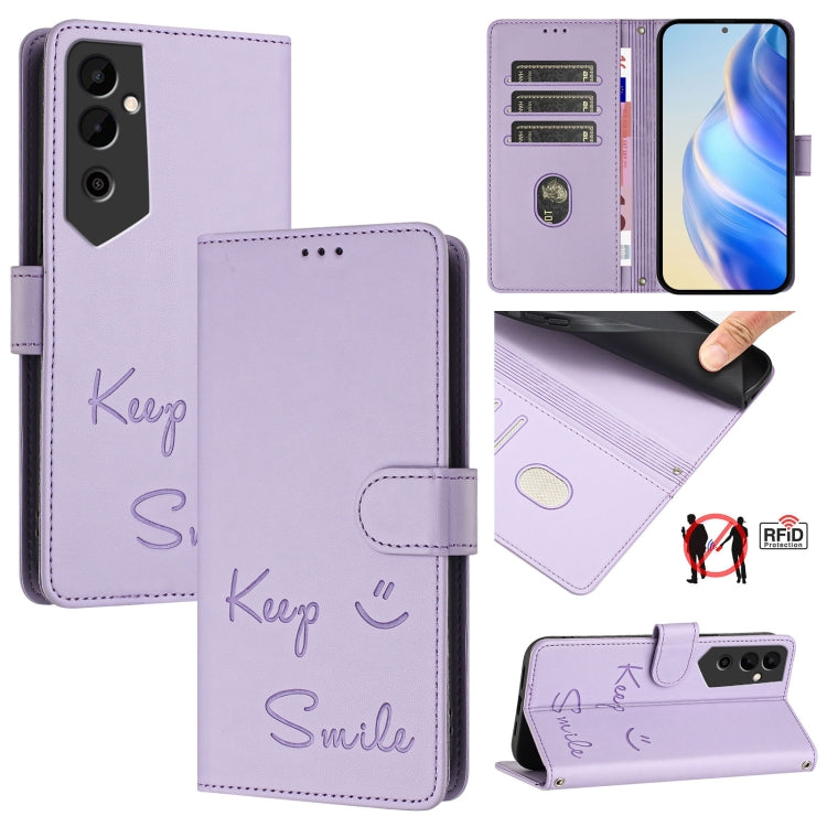 Smile Embossing RFID Leather Phone Case, For Tecno Spark 10 5G, For Tecno Spark 10C, For Tecno Spark 10 4G, For Tecno Spark 10 Pro, For Tecno Camon 19 Pro 5G, For Tecno Pova 4 Pro, For Tecno Pova 4, For Tecno Pova Neo 2