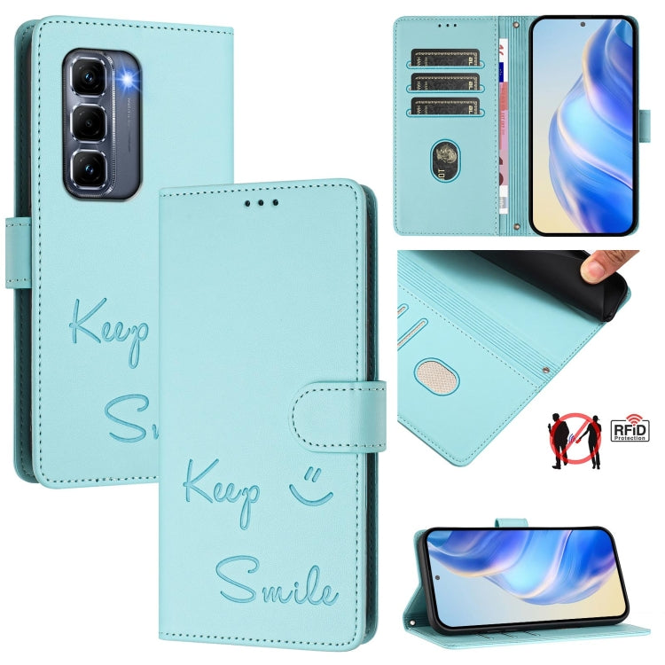 Smile Embossing RFID Leather Phone Case, For Infinix Hot 50i 5G / Smart 9 4G, For Infinix Hot 50 Pro+ 4G, For Infinix Hot 50 4G, For Infinix Hot 50 5G, For Infinix Zero 40 4G / 5G, For Infinix Note 40X 5G, For Infinix Note 40 5G                        ...