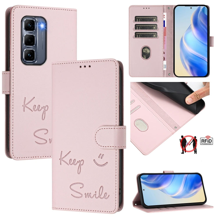 Smile Embossing RFID Leather Phone Case, For Infinix Hot 50i 5G / Smart 9 4G, For Infinix Hot 50 Pro+ 4G, For Infinix Hot 50 4G, For Infinix Hot 50 5G, For Infinix Zero 40 4G / 5G, For Infinix Note 40X 5G, For Infinix Note 40 5G                        ...