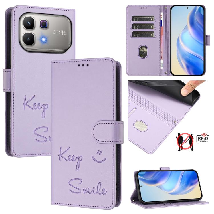Smile Embossing RFID Leather Phone Case, For Infinix GT 50 Pro 5G, For Infinix Note Edge 5G Global, For Infinix Smart 20 4G / X6840, For Infinix Note 60 5G / Note 60 Pro 5G, For Infinix Hot 60i 5G / Tecno Spark Go 5G, For Infinix Smart 10 Plus         ...