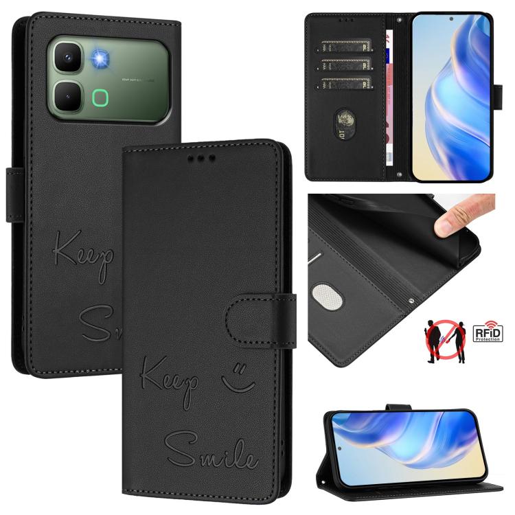 Smile Embossing RFID Leather Phone Case, For Infinix GT 50 Pro 5G, For Infinix Note Edge 5G Global, For Infinix Smart 20 4G / X6840, For Infinix Note 60 5G / Note 60 Pro 5G, For Infinix Hot 60i 5G / Tecno Spark Go 5G, For Infinix Smart 10 Plus         ...