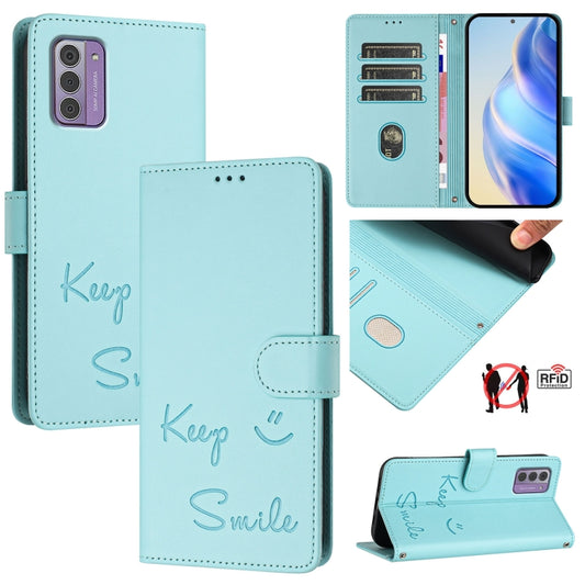 Smile Embossing RFID Leather Phone Case, For Nokia G42 / G310, For Nokia C300, For Nokia C22, For Nokia C12, For Nokia G22, For Nokia C32, For Nokia C02, For Nokia X30 5G