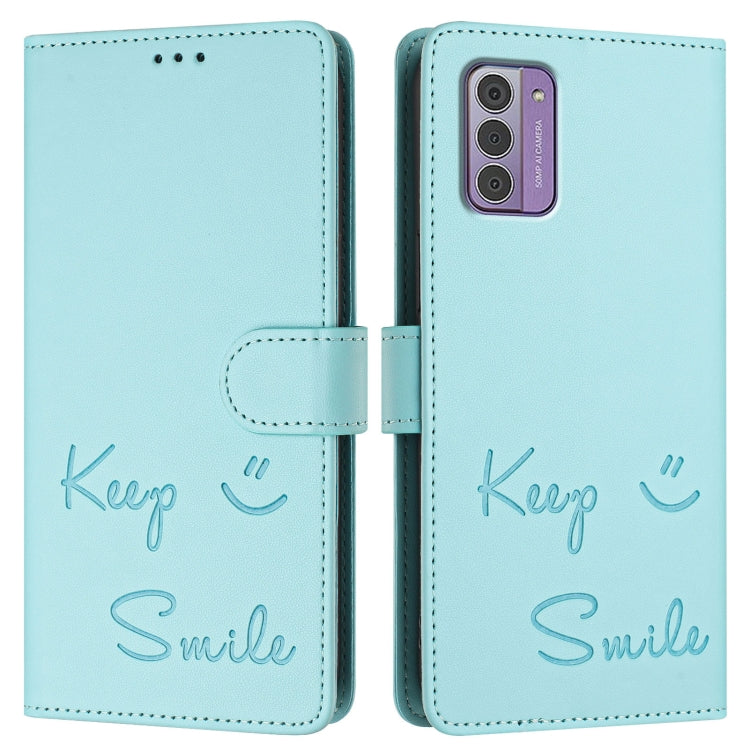 Smile Embossing RFID Leather Phone Case, For Nokia G42 / G310, For Nokia C300, For Nokia C22, For Nokia C12, For Nokia G22, For Nokia C32, For Nokia C02, For Nokia X30 5G