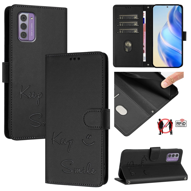 Smile Embossing RFID Leather Phone Case, For Nokia G42 / G310, For Nokia C300, For Nokia C22, For Nokia C12, For Nokia G22, For Nokia C32, For Nokia C02, For Nokia X30 5G