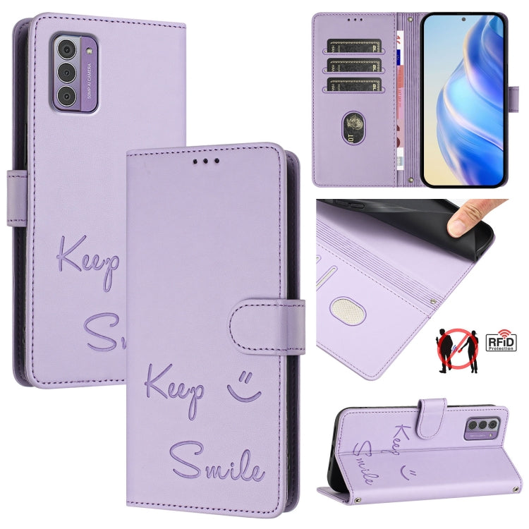 Smile Embossing RFID Leather Phone Case, For Nokia G42 / G310, For Nokia C300, For Nokia C22, For Nokia C12, For Nokia G22, For Nokia C32, For Nokia C02, For Nokia X30 5G