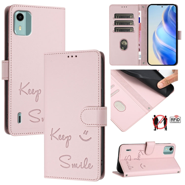 Smile Embossing RFID Leather Phone Case, For Nokia G42 / G310, For Nokia C300, For Nokia C22, For Nokia C12, For Nokia G22, For Nokia C32, For Nokia C02, For Nokia X30 5G