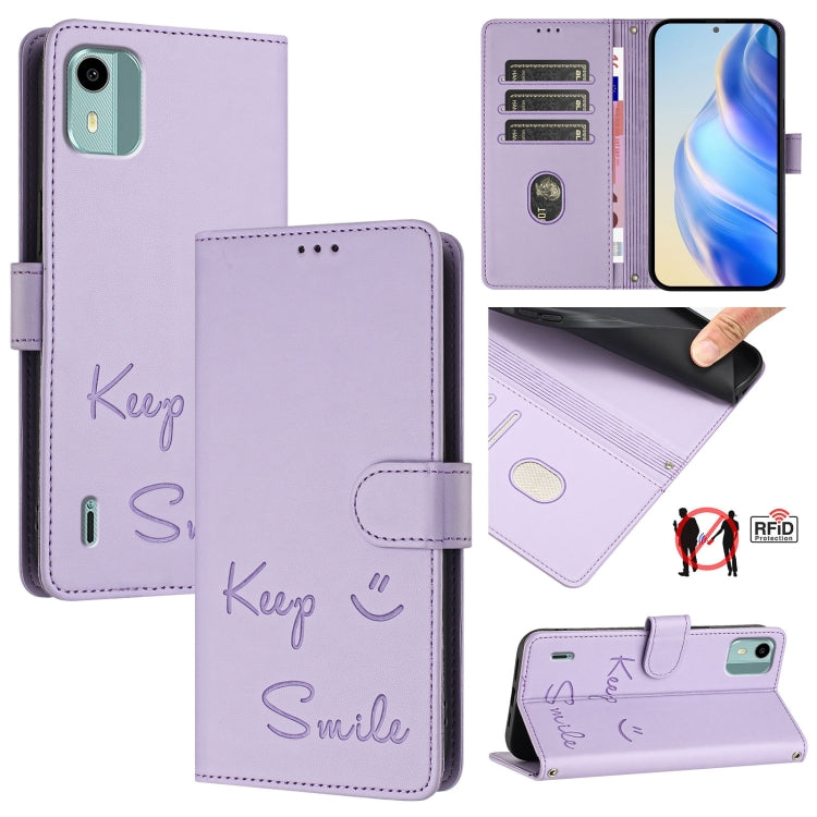 Smile Embossing RFID Leather Phone Case, For Nokia G42 / G310, For Nokia C300, For Nokia C22, For Nokia C12, For Nokia G22, For Nokia C32, For Nokia C02, For Nokia X30 5G