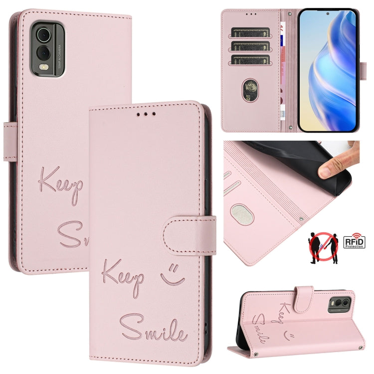 Smile Embossing RFID Leather Phone Case, For Nokia G42 / G310, For Nokia C300, For Nokia C22, For Nokia C12, For Nokia G22, For Nokia C32, For Nokia C02, For Nokia X30 5G