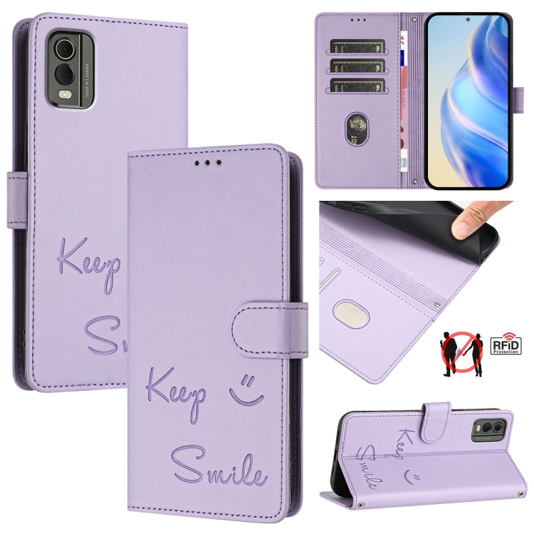 Smile Embossing RFID Leather Phone Case, For Nokia G42 / G310, For Nokia C300, For Nokia C22, For Nokia C12, For Nokia G22, For Nokia C32, For Nokia C02, For Nokia X30 5G