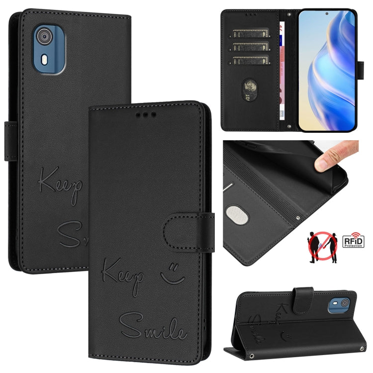 Smile Embossing RFID Leather Phone Case, For Nokia G42 / G310, For Nokia C300, For Nokia C22, For Nokia C12, For Nokia G22, For Nokia C32, For Nokia C02, For Nokia X30 5G