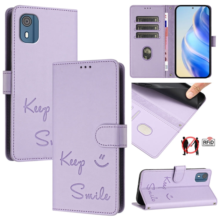 Smile Embossing RFID Leather Phone Case, For Nokia G42 / G310, For Nokia C300, For Nokia C22, For Nokia C12, For Nokia G22, For Nokia C32, For Nokia C02, For Nokia X30 5G