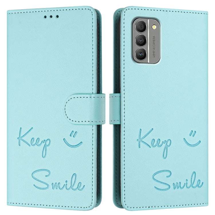 Smile Embossing RFID Leather Phone Case, For Nokia G400, For Nokia G11 / G21, For Nokia C30, For Nokia C01 Plus / C1 2nd Edition, For Nokia XR20, For Nokia C10 / C20, For Nokia X20 / X10, For Nokia 6.3 / G20 / G10