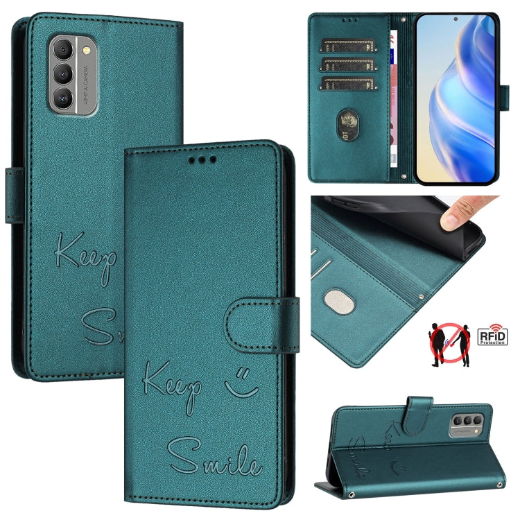 Smile Embossing RFID Leather Phone Case, For Nokia G400, For Nokia G11 / G21, For Nokia C30, For Nokia C01 Plus / C1 2nd Edition, For Nokia XR20, For Nokia C10 / C20, For Nokia X20 / X10, For Nokia 6.3 / G20 / G10