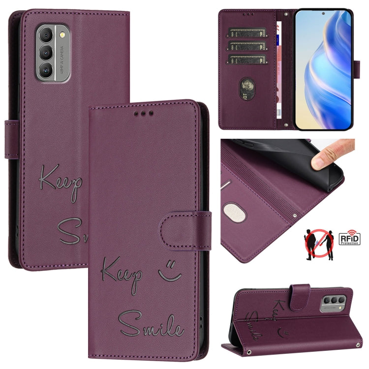 Smile Embossing RFID Leather Phone Case, For Nokia G400, For Nokia G11 / G21, For Nokia C30, For Nokia C01 Plus / C1 2nd Edition, For Nokia XR20, For Nokia C10 / C20, For Nokia X20 / X10, For Nokia 6.3 / G20 / G10