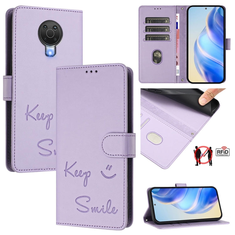 Smile Embossing RFID Leather Phone Case, For Nokia G400, For Nokia G11 / G21, For Nokia C30, For Nokia C01 Plus / C1 2nd Edition, For Nokia XR20, For Nokia C10 / C20, For Nokia X20 / X10, For Nokia 6.3 / G20 / G10