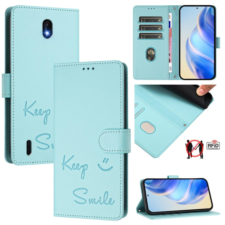 Smile Embossing RFID Leather Phone Case, For Nokia G400, For Nokia G11 / G21, For Nokia C30, For Nokia C01 Plus / C1 2nd Edition, For Nokia XR20, For Nokia C10 / C20, For Nokia X20 / X10, For Nokia 6.3 / G20 / G10