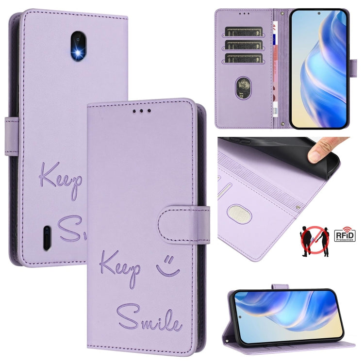 Smile Embossing RFID Leather Phone Case, For Nokia G400, For Nokia G11 / G21, For Nokia C30, For Nokia C01 Plus / C1 2nd Edition, For Nokia XR20, For Nokia C10 / C20, For Nokia X20 / X10, For Nokia 6.3 / G20 / G10