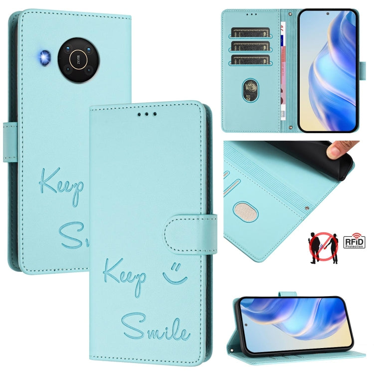 Smile Embossing RFID Leather Phone Case, For Nokia G400, For Nokia G11 / G21, For Nokia C30, For Nokia C01 Plus / C1 2nd Edition, For Nokia XR20, For Nokia C10 / C20, For Nokia X20 / X10, For Nokia 6.3 / G20 / G10