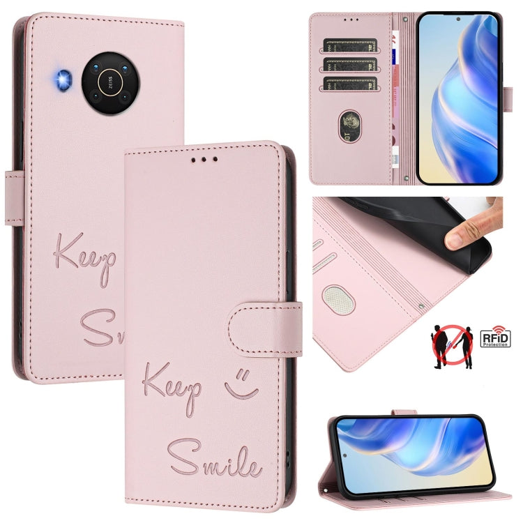 Smile Embossing RFID Leather Phone Case, For Nokia G400, For Nokia G11 / G21, For Nokia C30, For Nokia C01 Plus / C1 2nd Edition, For Nokia XR20, For Nokia C10 / C20, For Nokia X20 / X10, For Nokia 6.3 / G20 / G10