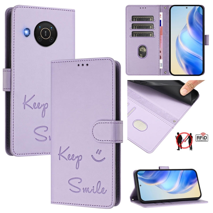 Smile Embossing RFID Leather Phone Case, For Nokia G400, For Nokia G11 / G21, For Nokia C30, For Nokia C01 Plus / C1 2nd Edition, For Nokia XR20, For Nokia C10 / C20, For Nokia X20 / X10, For Nokia 6.3 / G20 / G10