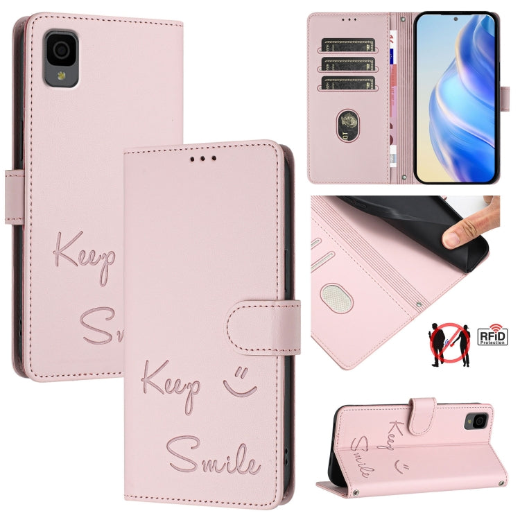 Smile Embossing RFID Leather Phone Case, For TCL 30T T603DL, For TCL 30Z T602DL, For TCL 30 4G / 30 5G / 30 Plus, For TCL 30 SE, For TCL 30 XE 5G, For TCL 20 R 5G