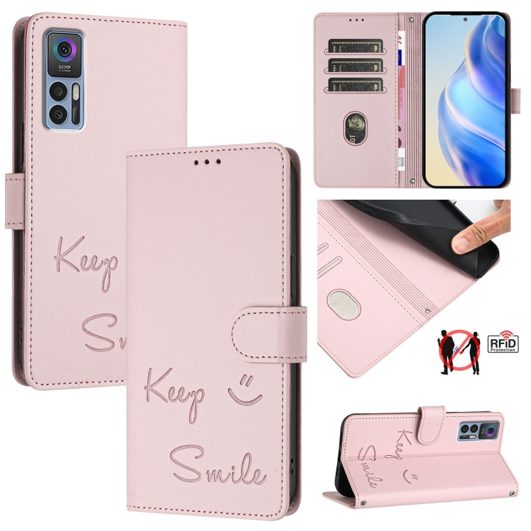 Smile Embossing RFID Leather Phone Case, For TCL 30T T603DL, For TCL 30Z T602DL, For TCL 30 4G / 30 5G / 30 Plus, For TCL 30 SE, For TCL 30 XE 5G, For TCL 20 R 5G
