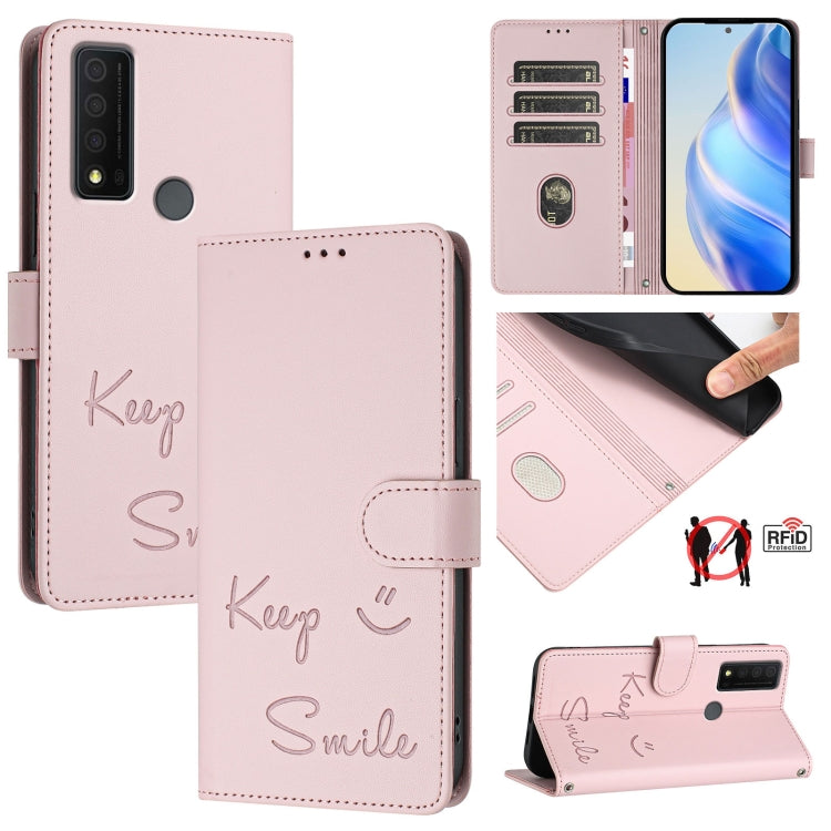 Smile Embossing RFID Leather Phone Case, For TCL 30T T603DL, For TCL 30Z T602DL, For TCL 30 4G / 30 5G / 30 Plus, For TCL 30 SE, For TCL 30 XE 5G, For TCL 20 R 5G