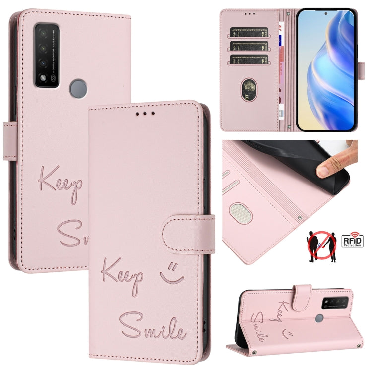 Smile Embossing RFID Leather Phone Case, For TCL 30T T603DL, For TCL 30Z T602DL, For TCL 30 4G / 30 5G / 30 Plus, For TCL 30 SE, For TCL 30 XE 5G, For TCL 20 R 5G