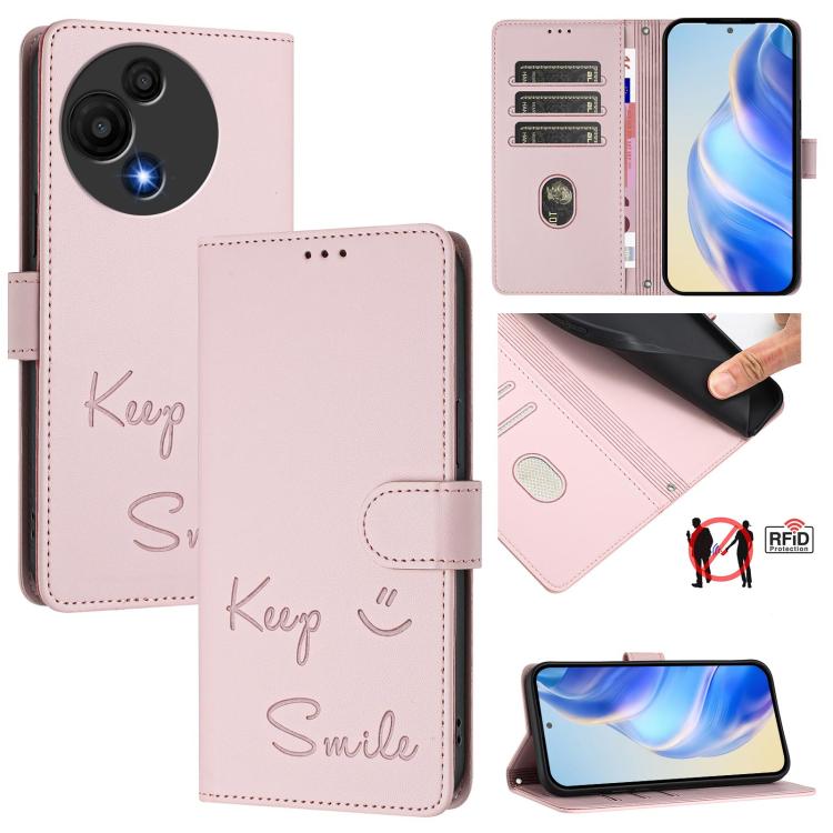 Smile Embossing RFID Leather Phone Case, For TCL K70 Power 4G / K70 4G, For TCL Nxtpaper 70 Pro 5G, For TCL K32 5G / K33 5G, For TCL 60 NxtPaper, For TCL 605 / 60 SE, For TCL 50 Pro NxtPaper, For TCL 50 LE 5G, For TCL 201