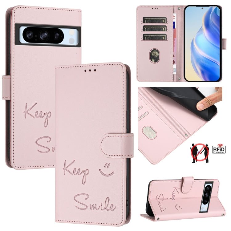 Smile Embossing RFID Leather Phone Case, For Google Pixel 8 Pro, For Google Pixel 8, For Google Pixel 7a, For Google Pixel 7 Pro, For Google Pixel 7, For Google Pixel 6a, For Google Pixel 6 Pro, For Google Pixel 6