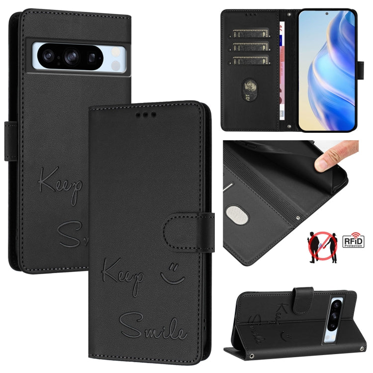 Smile Embossing RFID Leather Phone Case, For Google Pixel 8 Pro, For Google Pixel 8, For Google Pixel 7a, For Google Pixel 7 Pro, For Google Pixel 7, For Google Pixel 6a, For Google Pixel 6 Pro, For Google Pixel 6