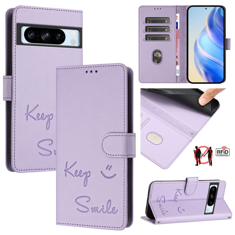 Smile Embossing RFID Leather Phone Case, For Google Pixel 8 Pro, For Google Pixel 8, For Google Pixel 7a, For Google Pixel 7 Pro, For Google Pixel 7, For Google Pixel 6a, For Google Pixel 6 Pro, For Google Pixel 6