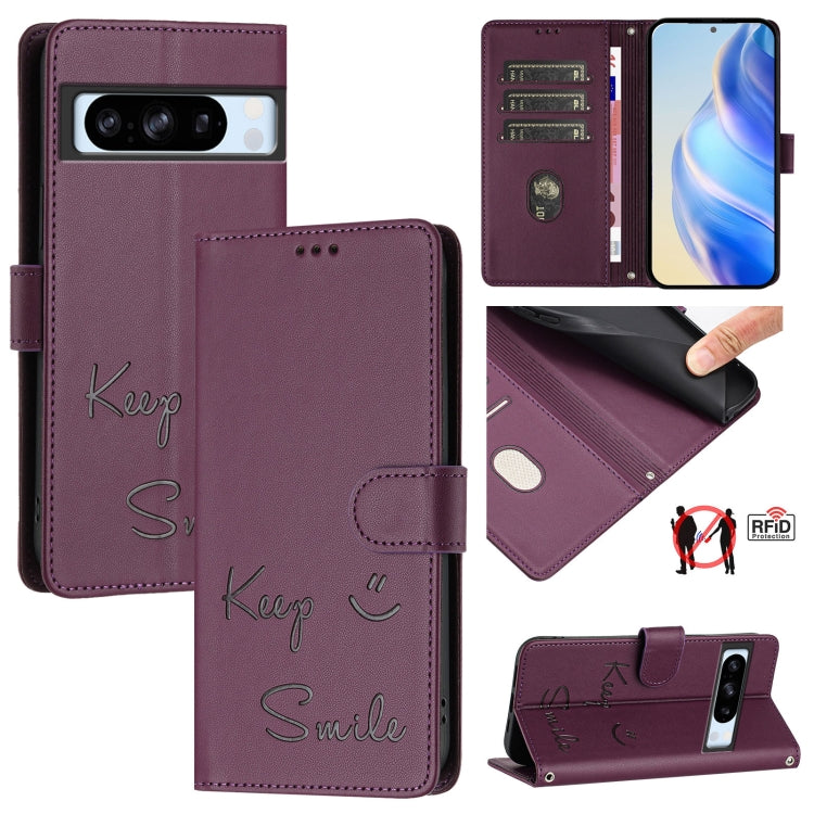 Smile Embossing RFID Leather Phone Case, For Google Pixel 8 Pro, For Google Pixel 8, For Google Pixel 7a, For Google Pixel 7 Pro, For Google Pixel 7, For Google Pixel 6a, For Google Pixel 6 Pro, For Google Pixel 6