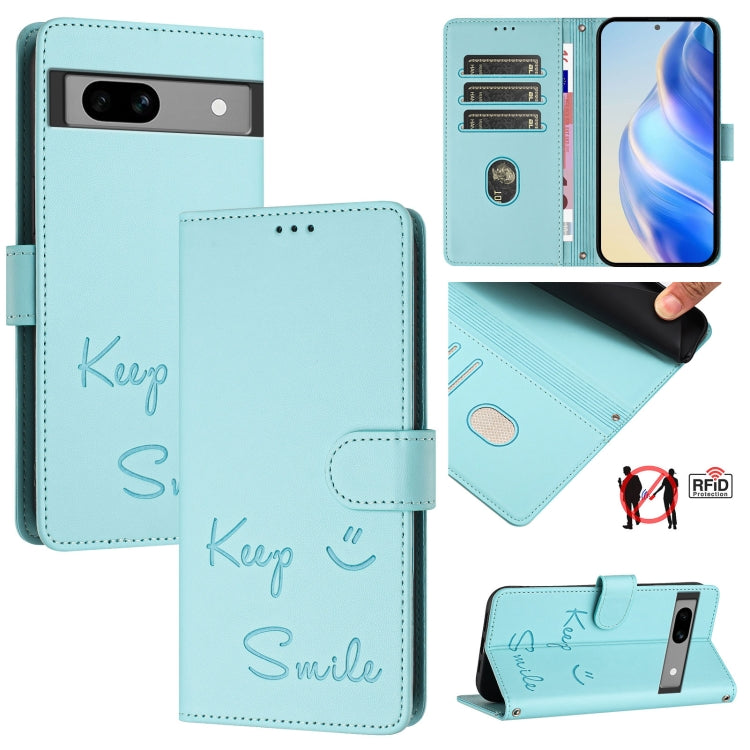 Smile Embossing RFID Leather Phone Case, For Google Pixel 8 Pro, For Google Pixel 8, For Google Pixel 7a, For Google Pixel 7 Pro, For Google Pixel 7, For Google Pixel 6a, For Google Pixel 6 Pro, For Google Pixel 6