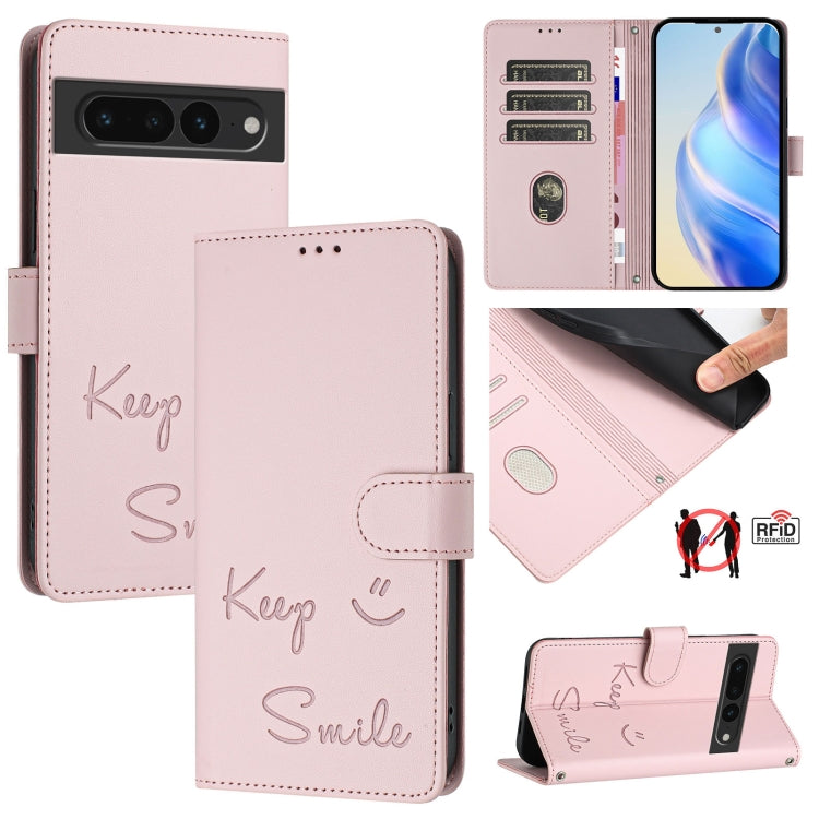 Smile Embossing RFID Leather Phone Case, For Google Pixel 8 Pro, For Google Pixel 8, For Google Pixel 7a, For Google Pixel 7 Pro, For Google Pixel 7, For Google Pixel 6a, For Google Pixel 6 Pro, For Google Pixel 6