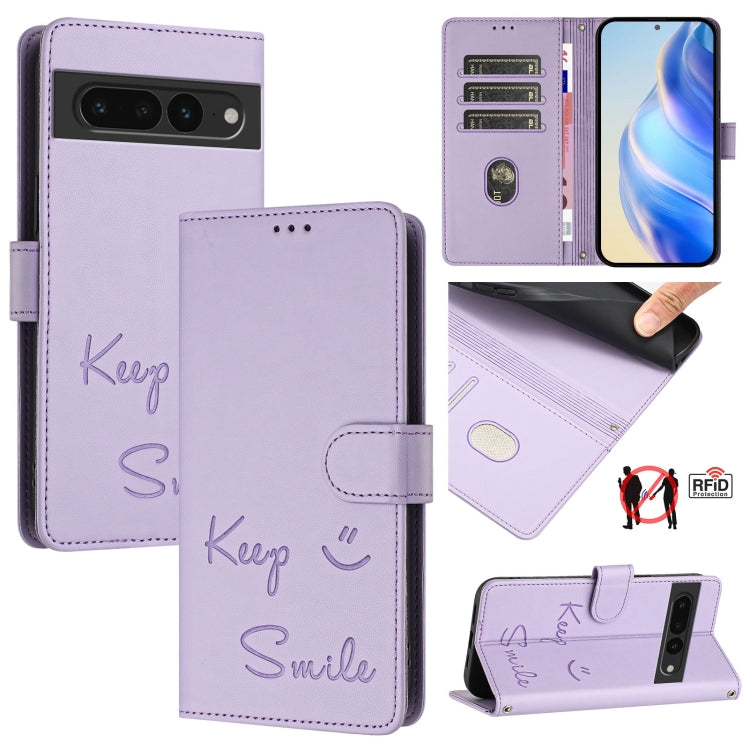 Smile Embossing RFID Leather Phone Case, For Google Pixel 8 Pro, For Google Pixel 8, For Google Pixel 7a, For Google Pixel 7 Pro, For Google Pixel 7, For Google Pixel 6a, For Google Pixel 6 Pro, For Google Pixel 6
