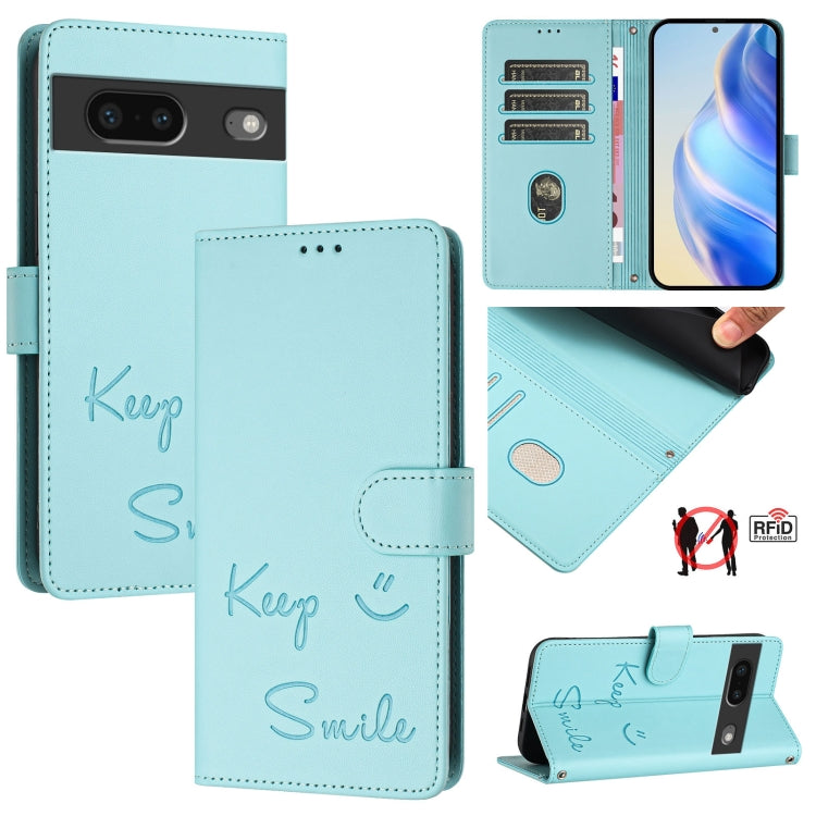 Smile Embossing RFID Leather Phone Case, For Google Pixel 8 Pro, For Google Pixel 8, For Google Pixel 7a, For Google Pixel 7 Pro, For Google Pixel 7, For Google Pixel 6a, For Google Pixel 6 Pro, For Google Pixel 6